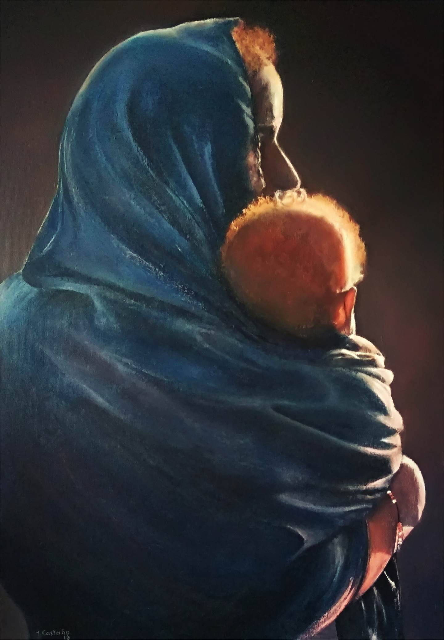 Mujer con niño al ponerse el sol., original   Painting by TOMAS CASTAÑO