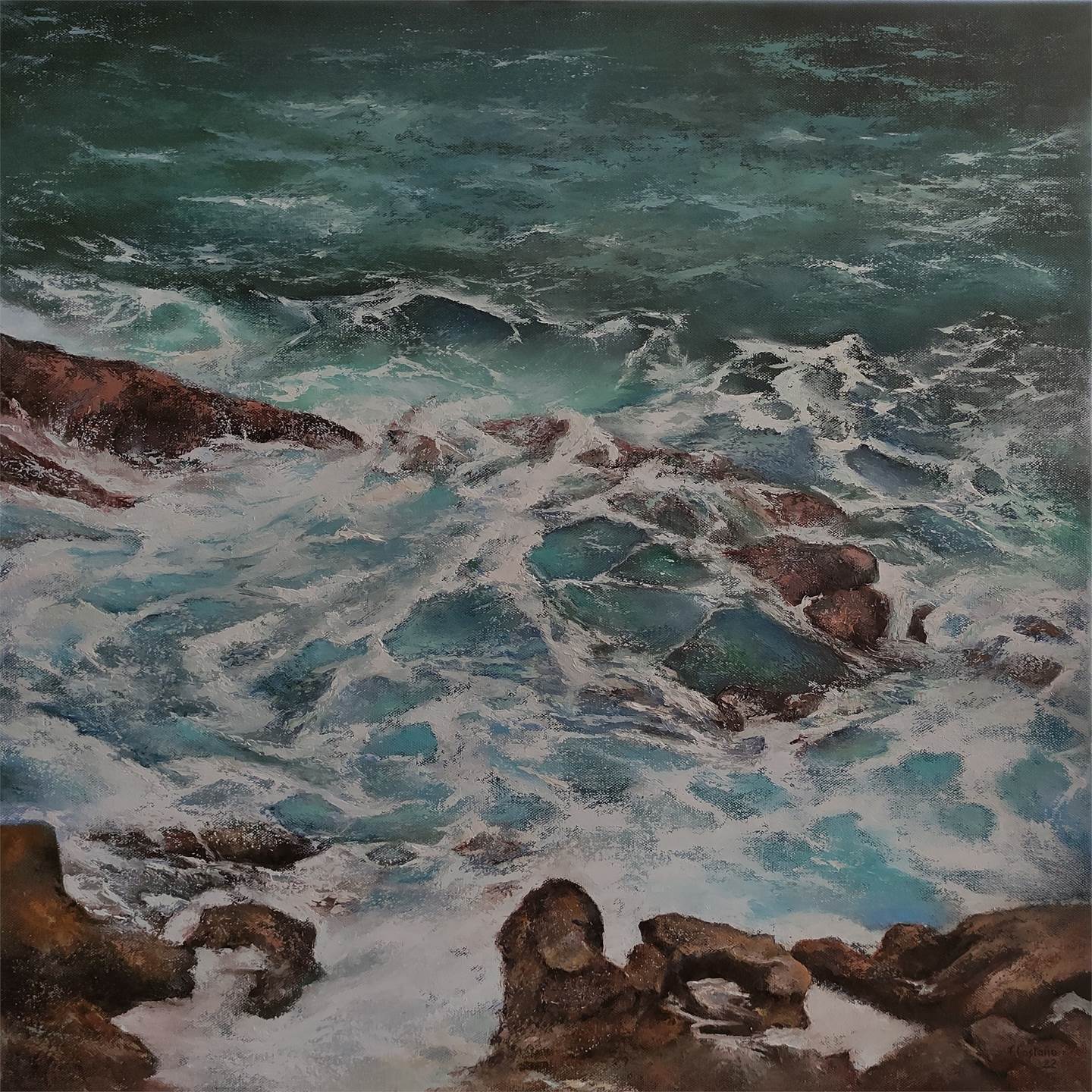 Oleaje en el Mar Cantábrico, original Landscape Oil Painting by TOMAS CASTAÑO