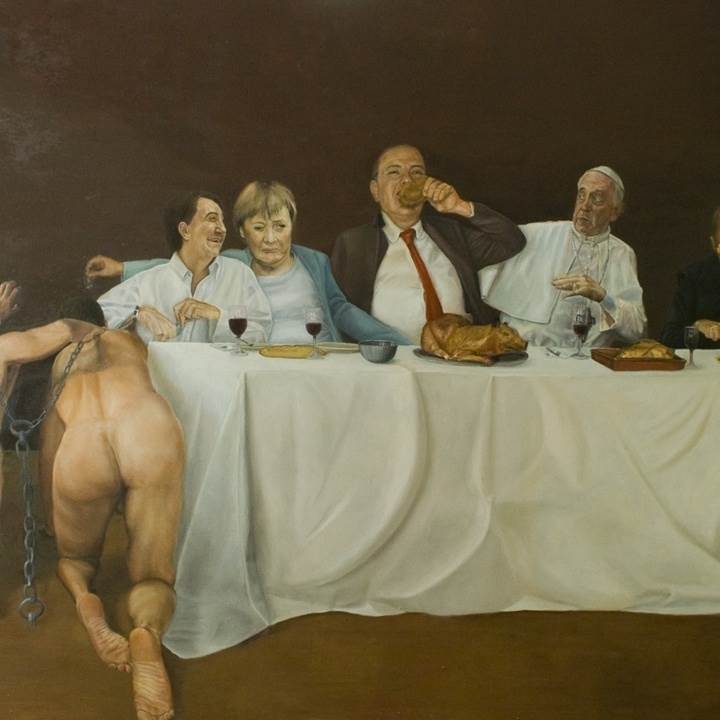 El banquete, original Body Wood Painting by Vicent Casabó Escrig