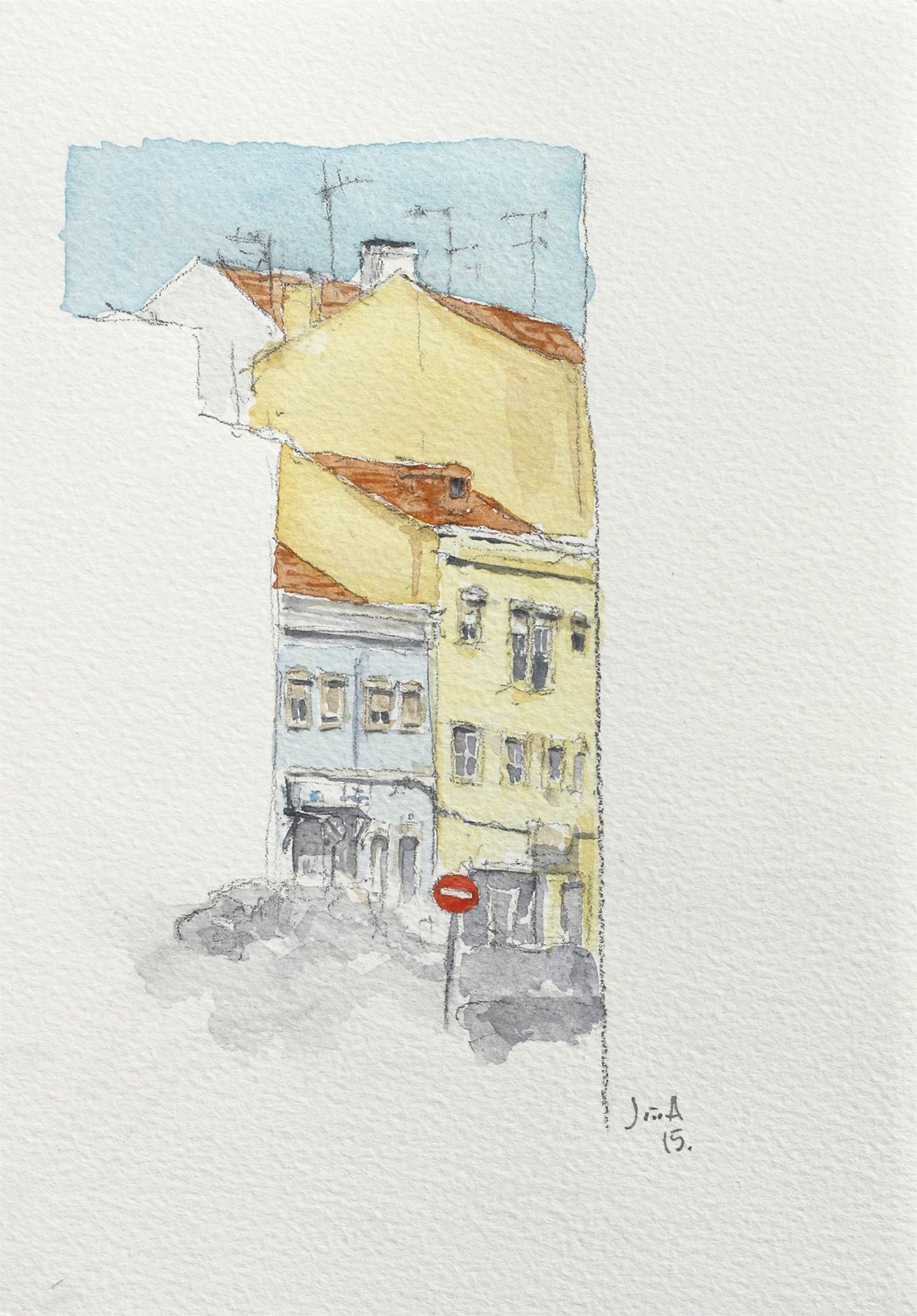 Sentido proibido, original Architecture Watercolor Drawing and Illustration by João Gil Antunes