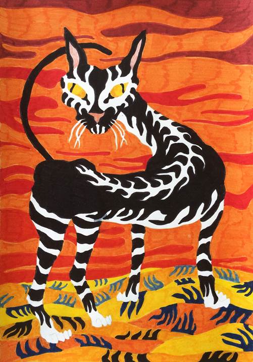 Gato zebrado, original Abstract Paper Drawing and Illustration by Hugo Castilho