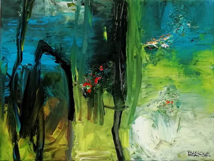 Lago com muita vegetação, original Portrait Acrylic Painting by Francisco Santos