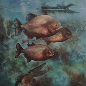 Piranhas, original Paisaje Petróleo Pintura de TOMAS CASTAÑO