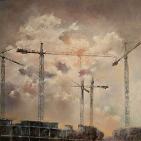Nubes y grúas, original Landscape Oil Painting by TOMAS CASTAÑO