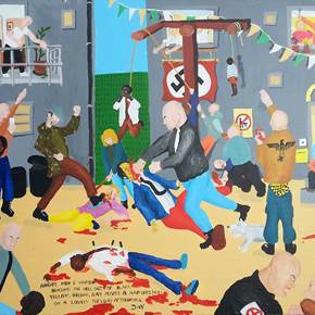 Bad painting number 01: Angry men & women beating the hell out of black, yellow, brown, gay people & hairdressers on a lovely Tuesday afternoon., original Avant-garde Acrylique La peinture par Jay Rechsteiner