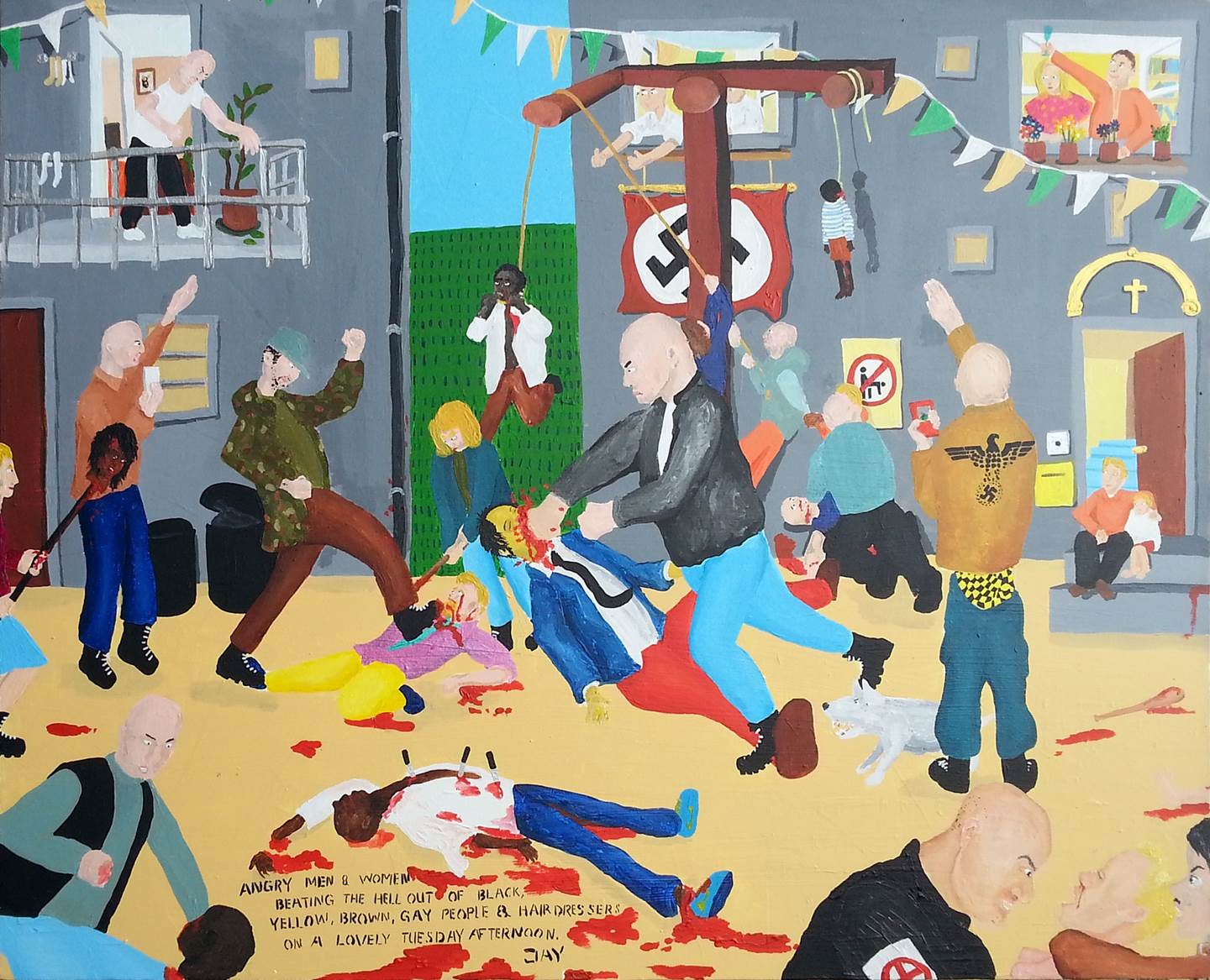 Bad painting number 01: Angry men & women beating the hell out of black, yellow, brown, gay people & hairdressers on a lovely Tuesday afternoon., Pintura Acrílico Vanguarda original por Jay Rechsteiner