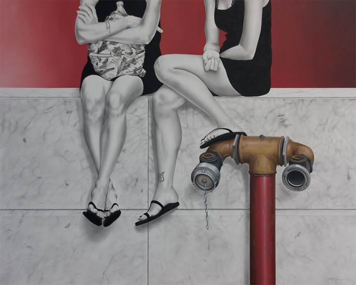 Sentadas no Muro, original Cuerpo Petróleo Pintura de Gustavo Fernandes
