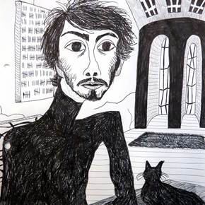 30. Autorretrato com o gato, Desenho e Ilustração Carvão Figura Humana original por Hugo Castilho