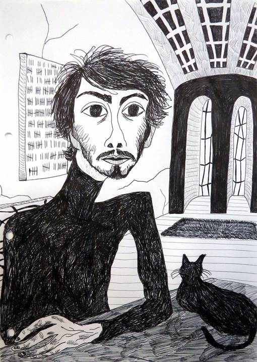 30. Autorretrato com o gato, original Human Figure Charcoal Drawing and Illustration by Hugo Castilho