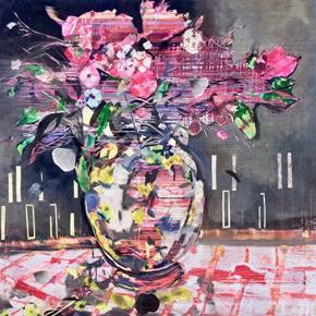 Still Life Flowers in a Glass Vase, original Animals Encaustic Painting by Paula Menchen