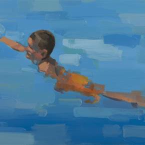 Chico en la piscina, Pintura Óleo Paisagem original por Juan Manuel Álvarez Cebrián