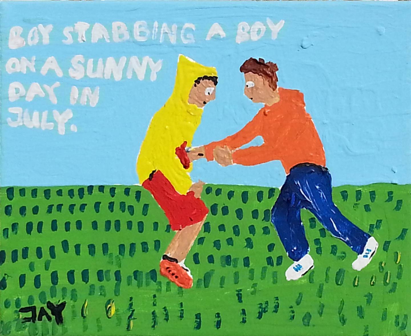 Boy stabbing a boy on a sunny day in July, original Vanguardia Acrílico Pintura de Jay Rechsteiner