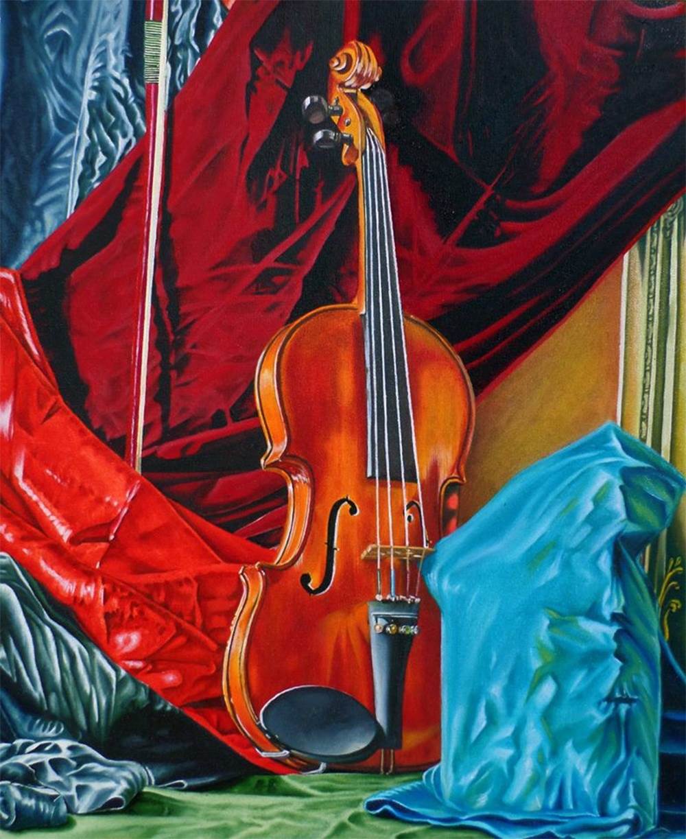 Still nature with violin and bow, original   Painting by Julian Arsenie