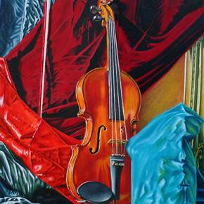 Still nature with violin and bow, original Still Life Canvas Painting by Julian Arsenie