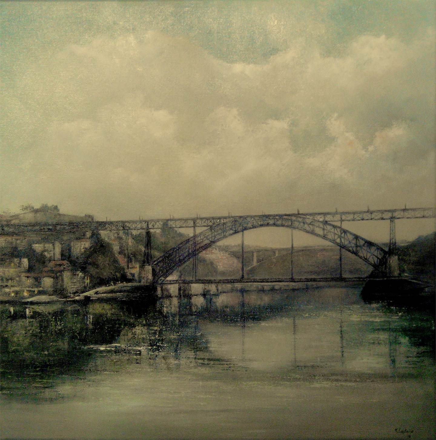 Puente Don Luis I- Porto, original Paisaje Lona Pintura de TOMAS CASTAÑO