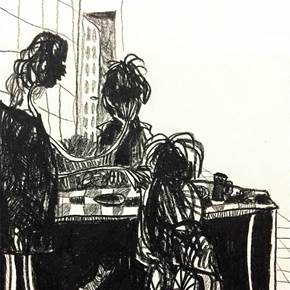17. Na cozinha com a mãe, a avó e o gato, original Human Figure Charcoal Drawing and Illustration by Hugo Castilho
