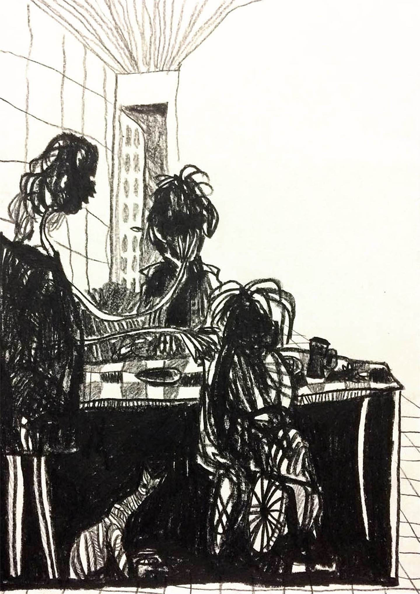17. Na cozinha com a mãe, a avó e o gato, Desenho e Ilustração Carvão Figura Humana original por Hugo Castilho