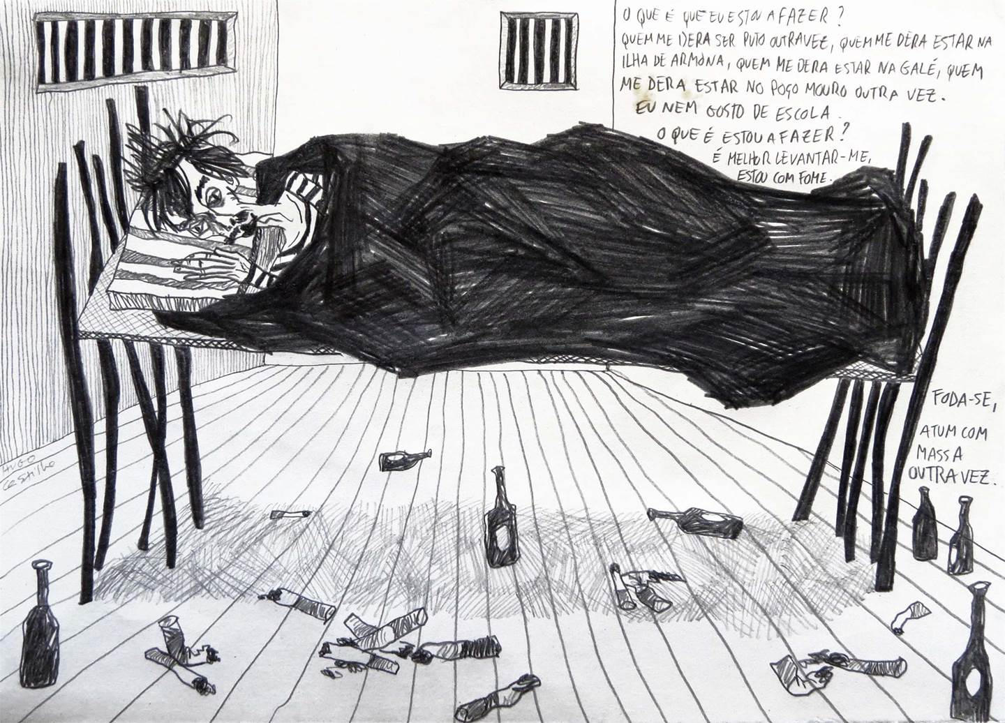 27. Está na hora de levantar, original Human Figure Charcoal Drawing and Illustration by Hugo Castilho