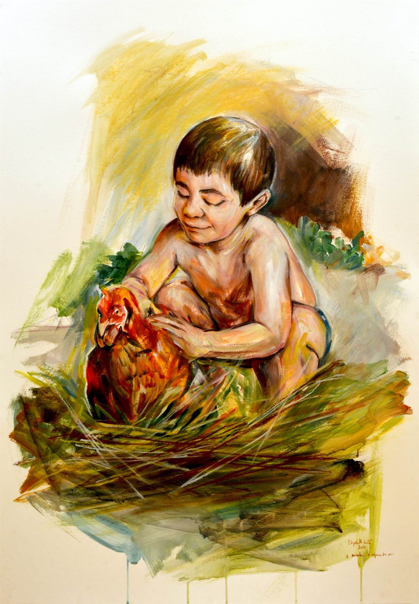 No ninho à espera do ovo, Pintura Acrílico Figura Humana original por Elizabeth  Leite