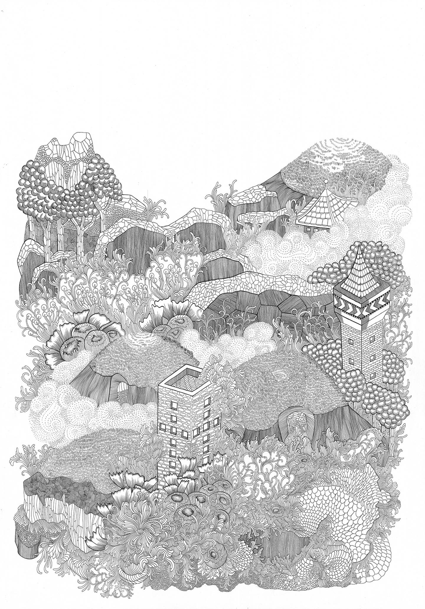 Atlantis #4, original Architecture Ink Drawing and Illustration by Anne Pangolin Guéno