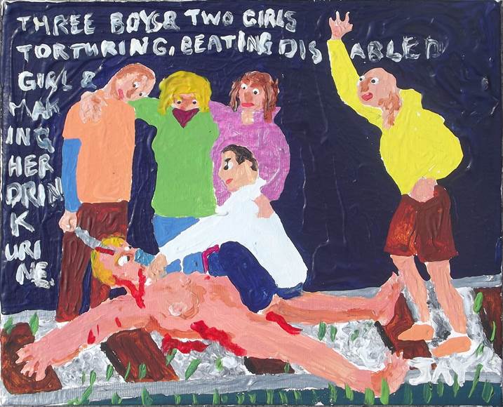 Three boys & two girls are torturing, beating disabled girl & making her drink urine., original Avant-Garde Acrylic Painting by Jay Rechsteiner