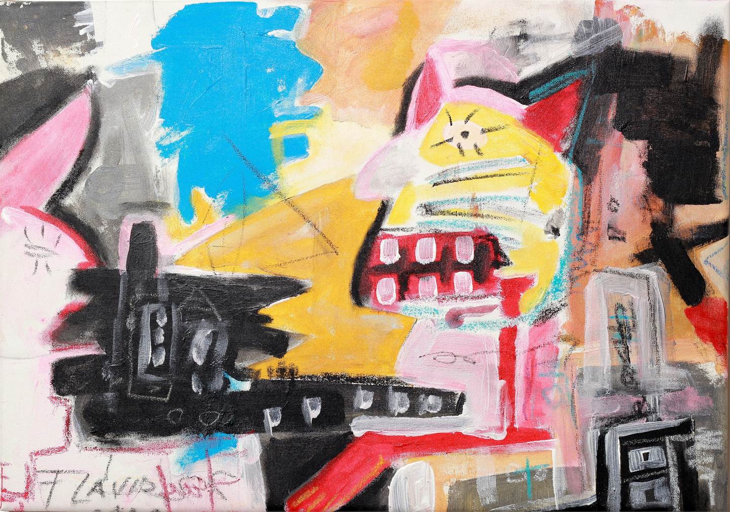 Cat driving a Bus, original Abstract Acrylic Painting by Flavio Man