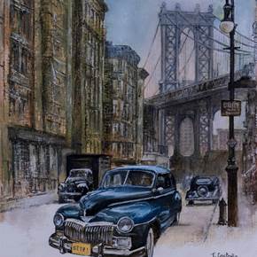 New York 1930. Brooklyn, original Paisaje Petróleo Pintura de TOMAS CASTAÑO