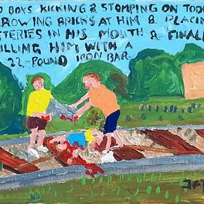 Bad Painting number 14: Two boys kicking and stomping on toddler, throwing bricks at him & placing batteries in his mouth & finally killing him with a 22 pound iron bar, original Body Acrylic Painting by Jay Rechsteiner
