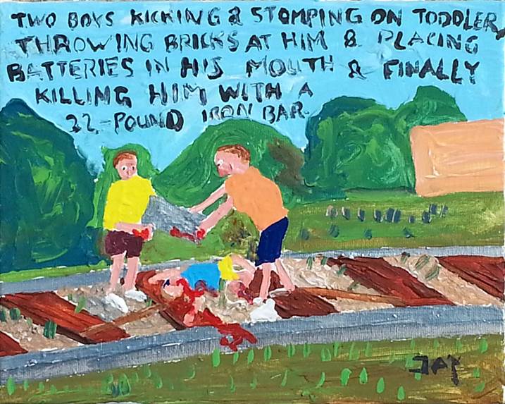 Bad Painting number 14: Two boys kicking and stomping on toddler, throwing bricks at him & placing batteries in his mouth & finally killing him with a 22 pound iron bar, Pintura Acrílico Corpo original por Jay Rechsteiner