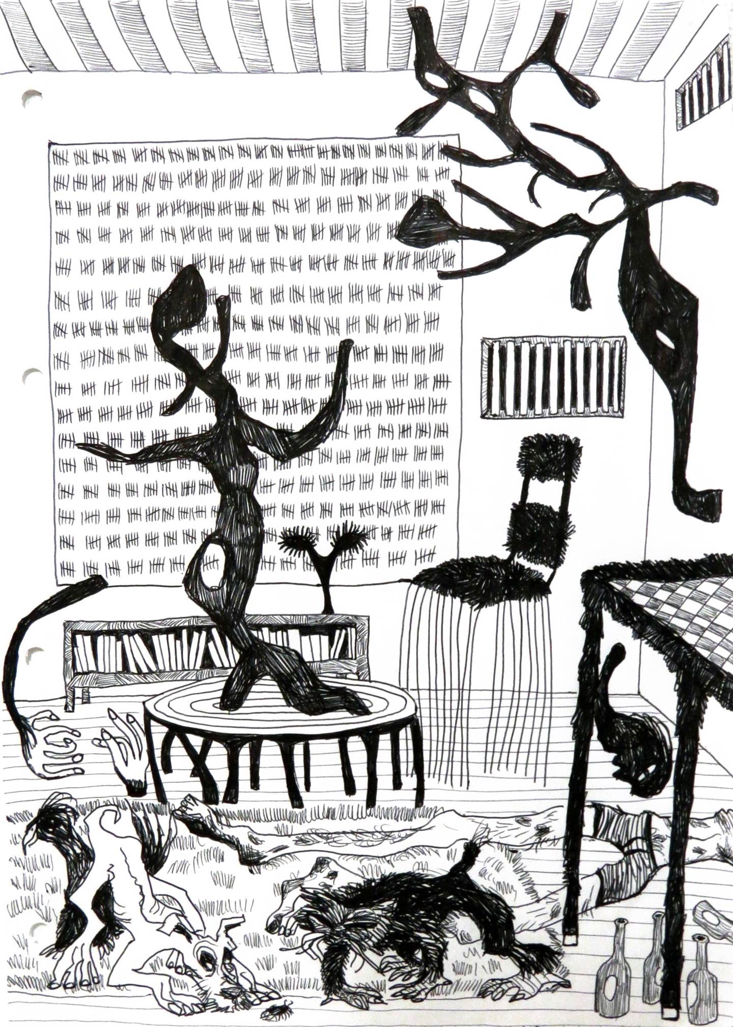 35. Entretidos na sala, original Human Figure Pen Drawing and Illustration by Hugo Castilho