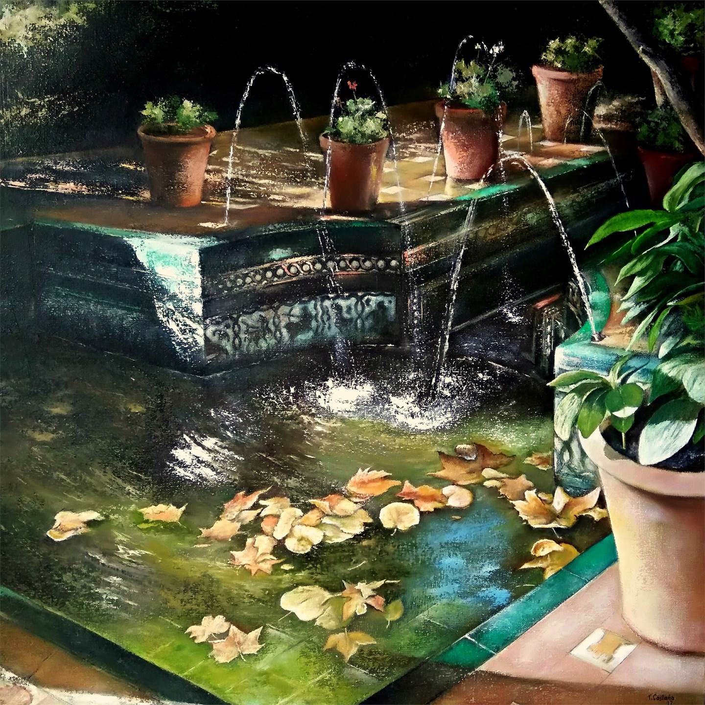 Jardín árabe andaluz de la casa del pintor SOROLLA, Pintura Óleo Paisagem original por TOMAS CASTAÑO