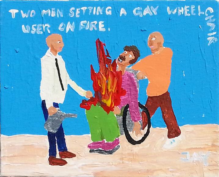 Bad Painting number 07: Two men setting a gay wheelchair user on fire, original Figura humana Acrílico Pintura de Jay Rechsteiner