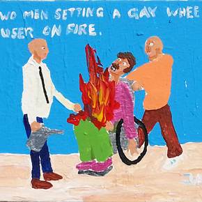 Bad Painting number 07: Two men setting a gay wheelchair user on fire, original Human Figure Acrylic Painting by Jay Rechsteiner