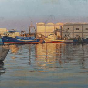 Puesta de sol en un puerto, original Paysage Pétrole La peinture par Juan Manuel Álvarez Cebrián