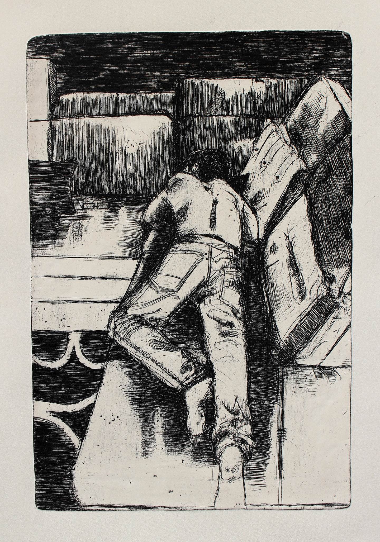 Ele dorme, original Human Figure Etching Drawing and Illustration by Flor de Ceres Rabaçal