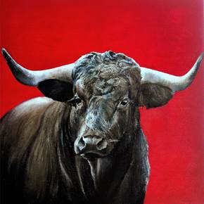 Brave bull on red, original Animals Canvas Painting by TOMAS CASTAÑO