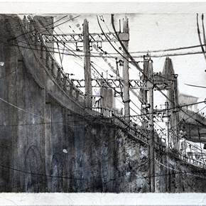 Elevated Railway, original N&B Acrylique La peinture par Qiao Xi