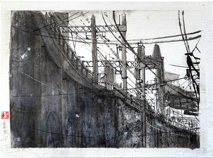 Elevated Railway, original B&W Acrylic Painting by Qiao Xi