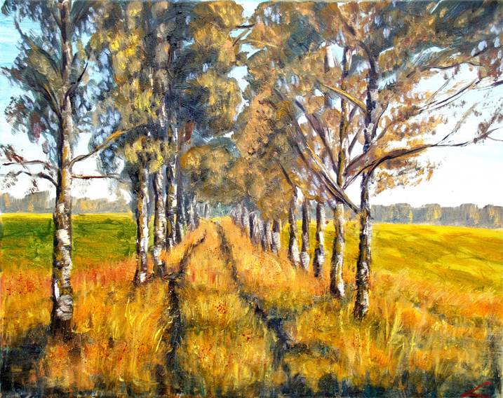 Golden Road, original Paisaje Lona Pintura de Elena Sokolova