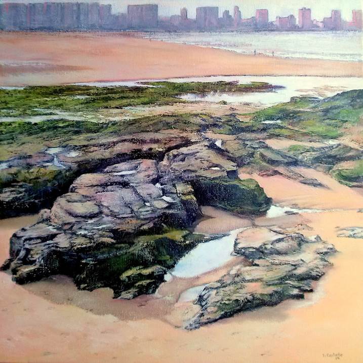 Playa de San Lorenzo-Gijón, original Paisaje Lona Pintura de TOMAS CASTAÑO