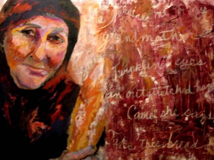 Take This Bread, original Woman Acrylic Painting by Connie Freid
