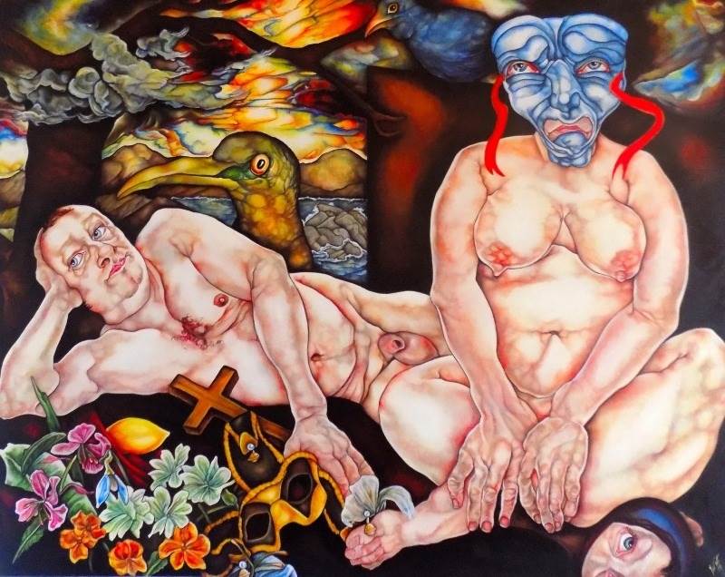 Untitled with Masks, original Body Acrylic Painting by Tracy Watt