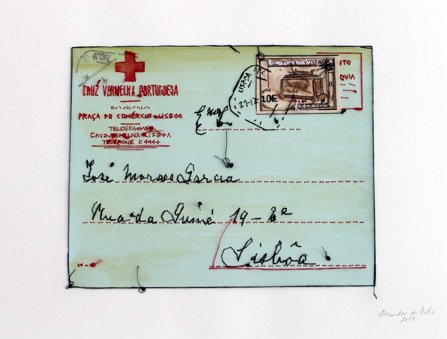 Telegrama da Cruz Vermelha, original Minimalist Paper Drawing and Illustration by Alexandra de Pinho