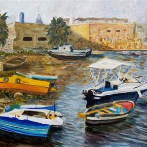 Boats haven, original Paysage Pétrole La peinture par Elena Sokolova