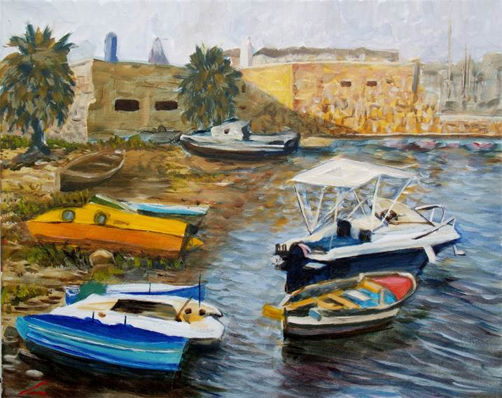 Boats haven, original Paisaje Petróleo Pintura de Elena Sokolova