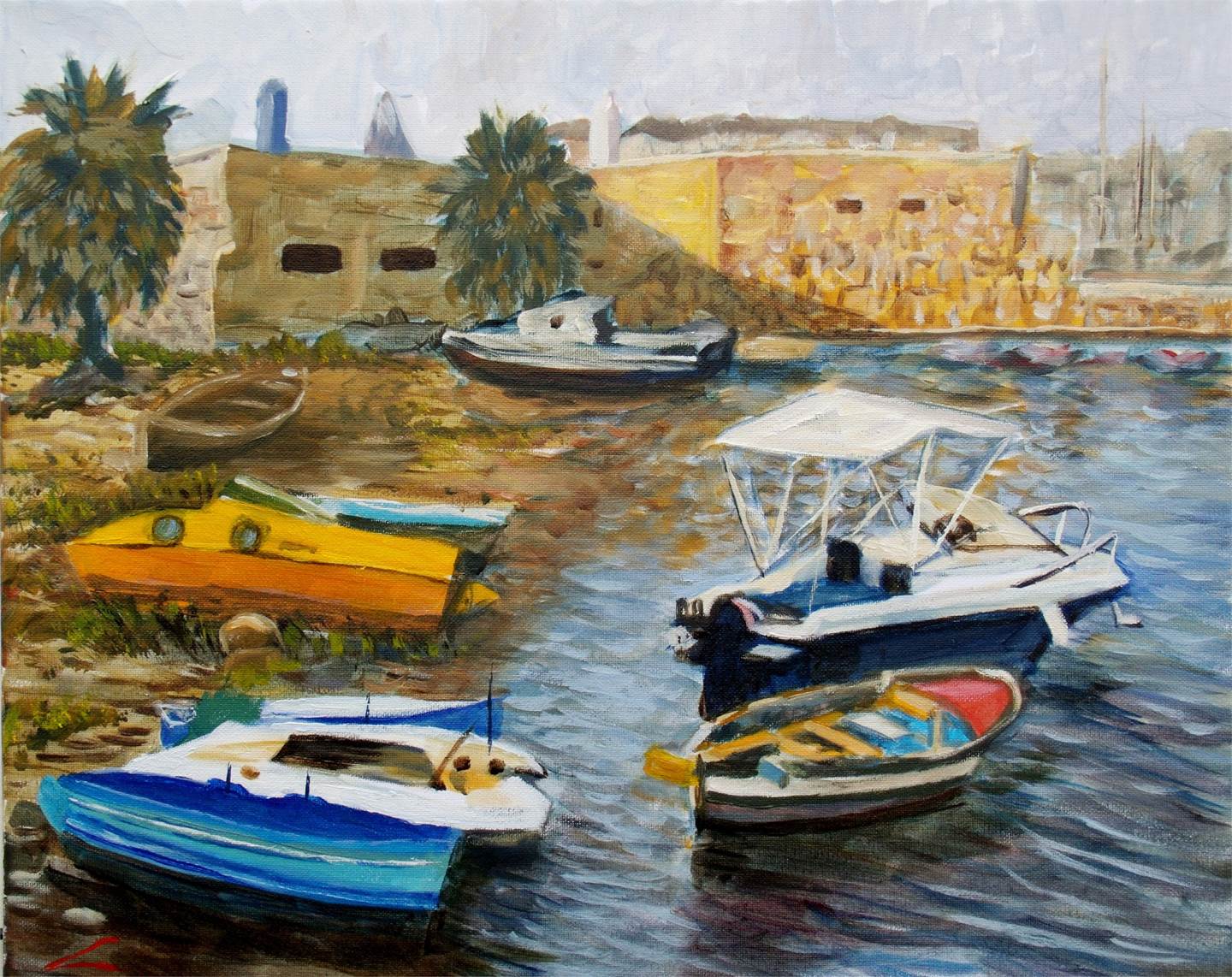 Boats haven, original Paysage Pétrole La peinture par Elena Sokolova