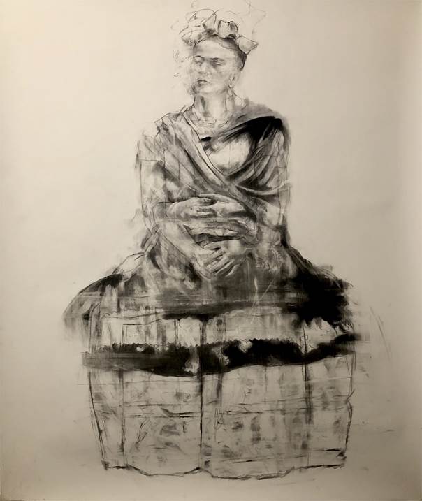 Everybody Loves Frida, original B&W Charcoal Drawing and Illustration by Juan Domingues