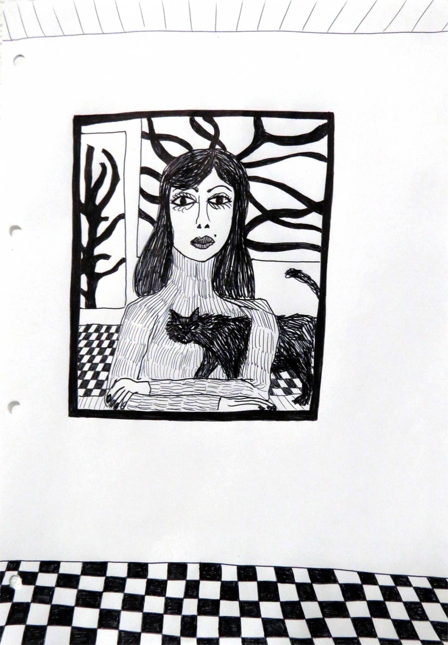 37. Retrato de uma mulher com o gato, original Human Figure Pen Drawing and Illustration by Hugo Castilho