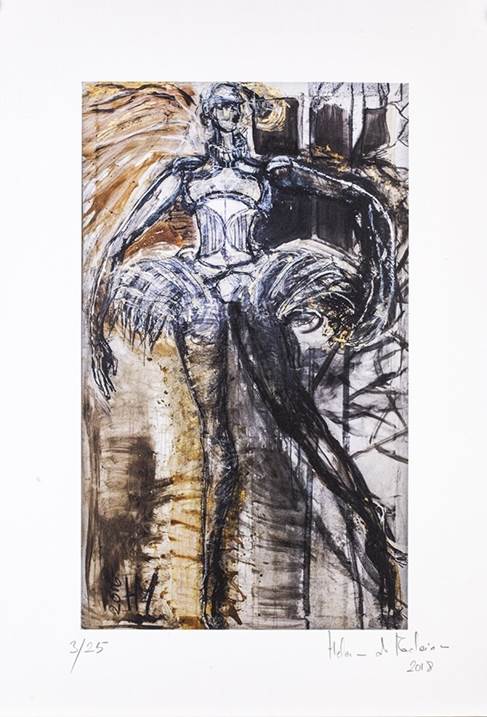 WHITE QUEEN, original Human Figure Monotype / Monoprint Drawing and Illustration by Helena de Medeiros