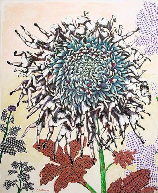 Blue Chrysanthemum, original Big Mixed Technique Painting by Clara Martins